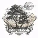 Black and white sketch style of Araucaria tree in the foreground and mountains in the background with the name capellozz tattoo design idea