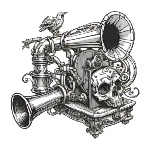 skull gramophone sketch style design tattoo design idea