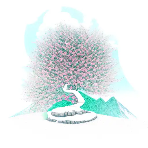 Cherry blossom stands on the mountainside, against the background of sunset, the petals fly in the wind from the tree in tattoo design idea