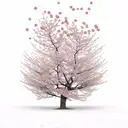 Cherry blossom stands on the mountainside, against the background of sunset, the petals fly in the wind from the tree in tattoo design idea