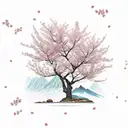 Cherry blossom stands on the mountainside, against the background of sunset, the petals fly in the wind from the tree in tattoo design idea