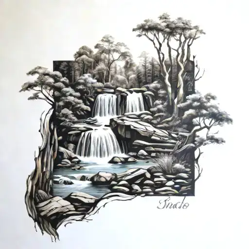 woods with water fall   tattoo design idea