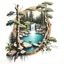 woods with water fall   tattoo design idea