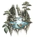 woods with water fall   tattoo design idea