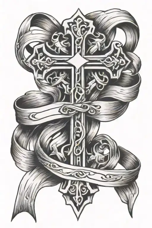 cross and ribbon intertwined tattoo design idea