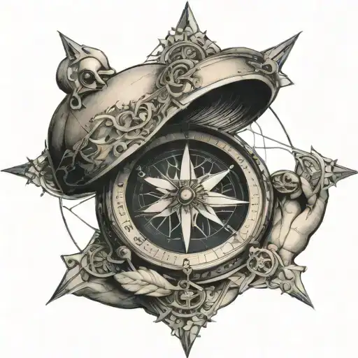 3 dimensional compass with a person meditating inside of it tattoo design idea