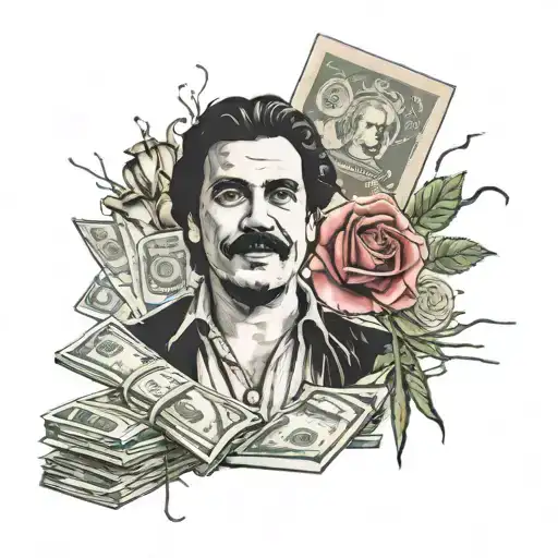 Escobar with roses and money in the background  tattoo design idea