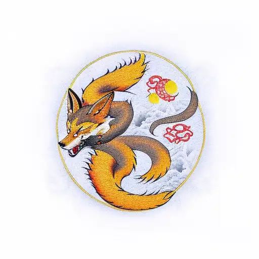 nine tailed fox in dark red with yellow golden lines tattoo design idea