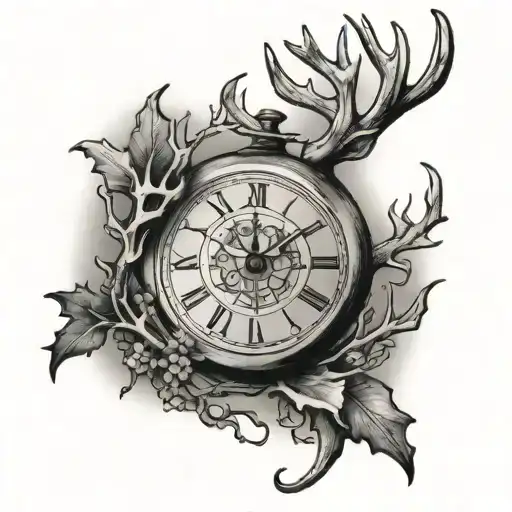 Time and deer antlers tattoo design idea