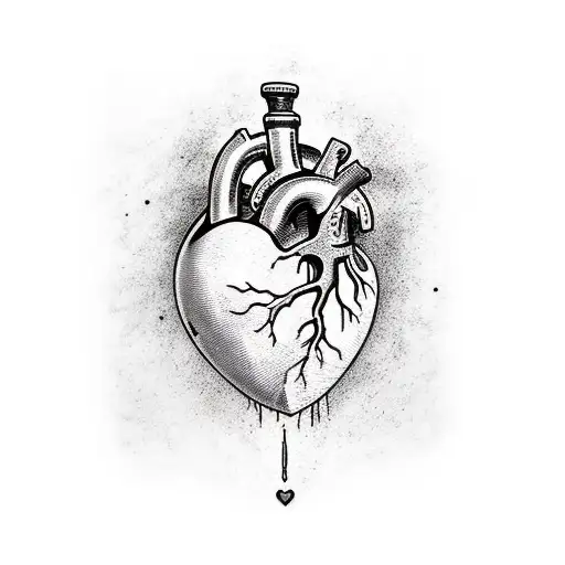 A human realistic heart only, split, half brute stone half polished gem, medieval lines, mystic, texture tattoo design idea