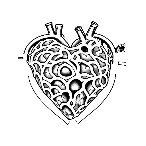 A human realistic heart only, split, half brute stone half polished gem,  texture, represents duality and balance tattoo design idea