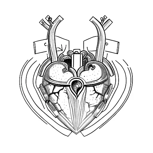 A human realistic heart only, split, half brute stone half polished gem, medieval lines, mystic, texture tattoo design idea