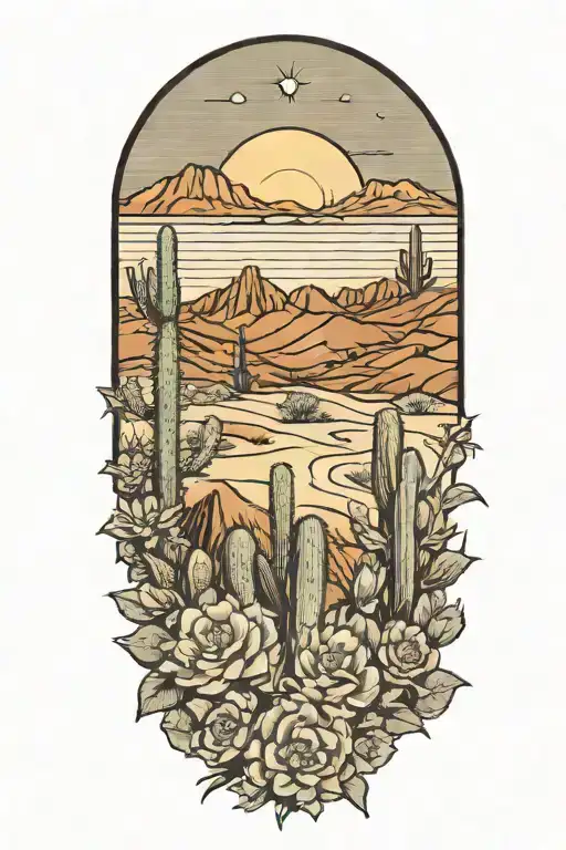 desert landscape surrounded by cactus flowers tattoo design idea