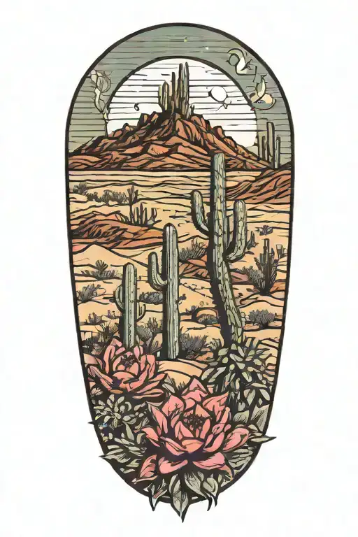desert landscape surrounded by cactus prickly pear ocotillo agave flowers tattoo design idea