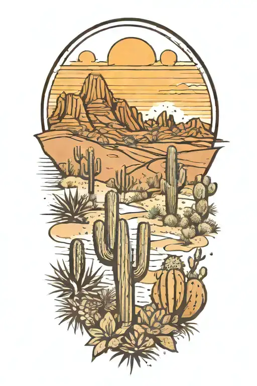 desert landscape filled with cacti tattoo design idea