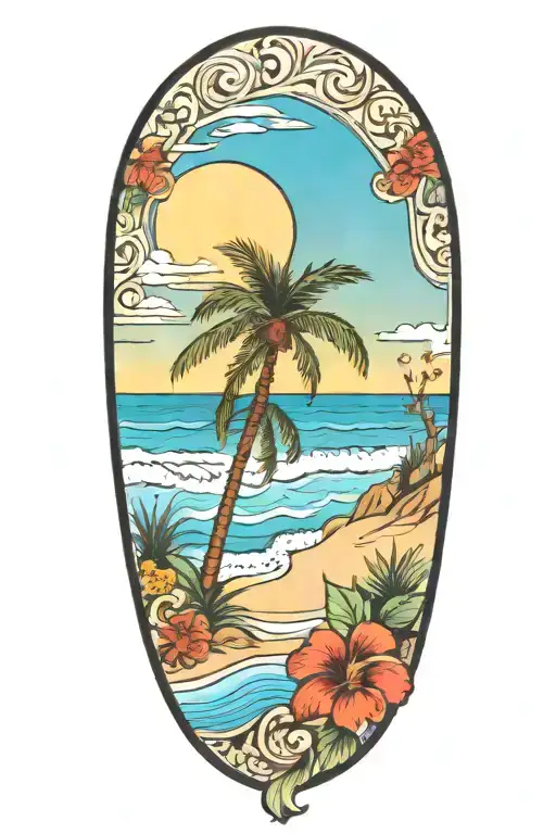 ocean beach scene with palm tattoo design idea