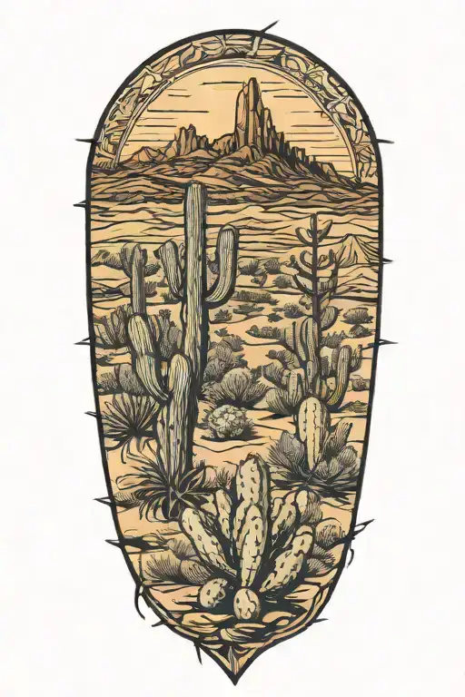desert landscape surrounded by cactus prickly pear ocotillo agave  tattoo design idea