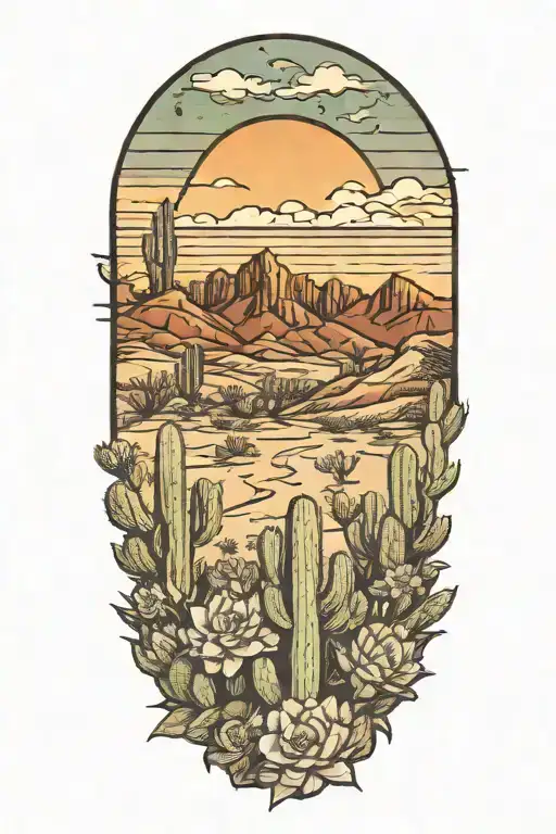 desert landscape surrounded by cactus flowers tattoo design idea