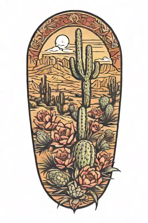 desert landscape surrounded by cactus flowers prickly pear ocotillo agave  tattoo design idea