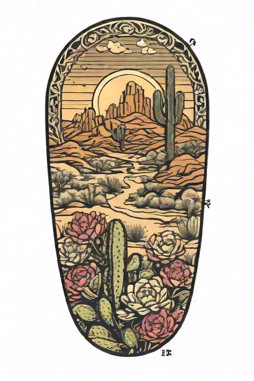 desert landscape surrounded by cactus flowers prickly pear tattoo design idea