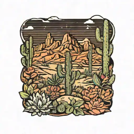 desert landscape surrounded by cactus prickly pear ocotillo agave flowers tattoo design idea