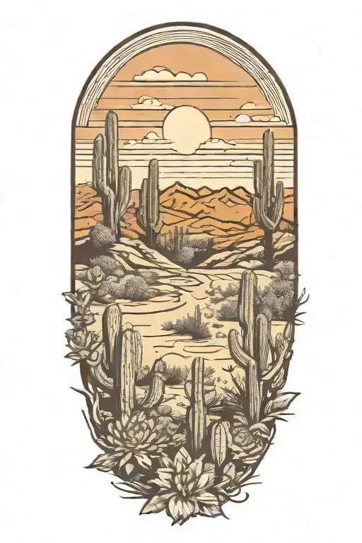 desert landscape surrounded by cactus flowers tattoo design idea