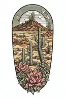 desert landscape surrounded by cactus prickly pear ocotillo agave flowers tattoo design idea