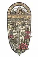 desert landscape surrounded by cactus prickly pear ocotillo agave flowers tattoo design idea