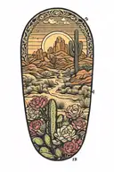 desert landscape surrounded by cactus flowers prickly pear tattoo design idea