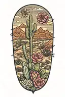 desert landscape surrounded by cactus flowers prickly pear tattoo design idea