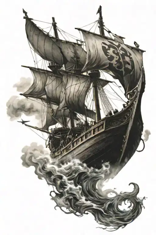 Viking ship sailing outwards, and undereath it a couple Vikings already in the midst of a raid / battle  tattoo design idea