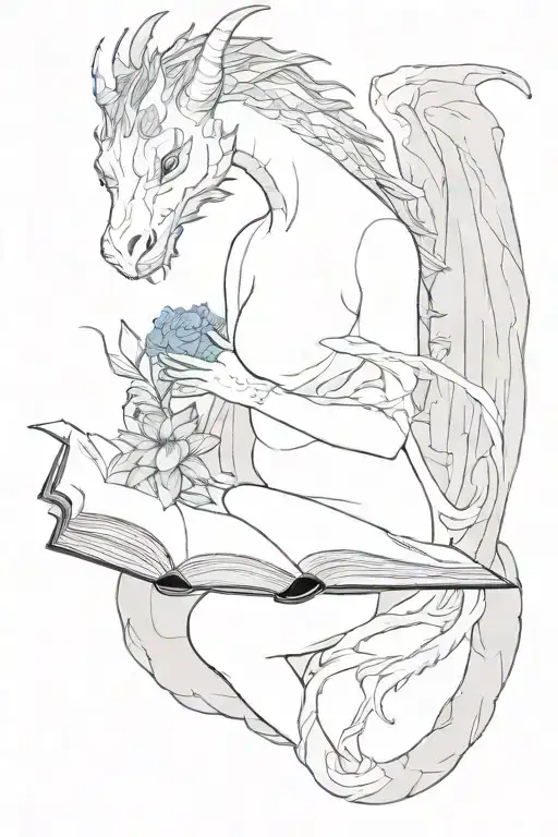 colorless dragon surrounding a faceless girl reading a book. May the dragon have a pair of blue flowers. tattoo design idea