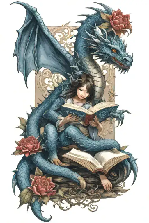 dragon surrounding a faceless girl reading a book. May the dragon have a pair of blue or red flowers. tattoo design idea