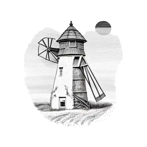 rural windmill tower with sunset tattoo design idea