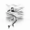 A softball player catching a fish in a river tattoo design idea