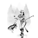 A softball player catching a fish in a river tattoo design idea