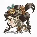 gypsy lady head profile surrounded by the words tada gan iarracht tattoo design idea