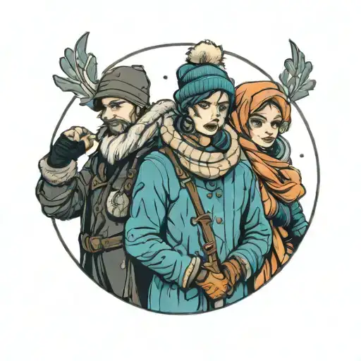 four people in winter clothes  tattoo design idea