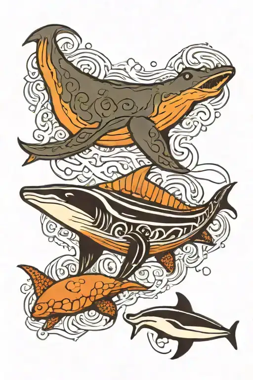 a manta ray, turtle, great white, hammerhead, dolphin, whale, jellyfish, octopus, and orca swimming tattoo design idea
