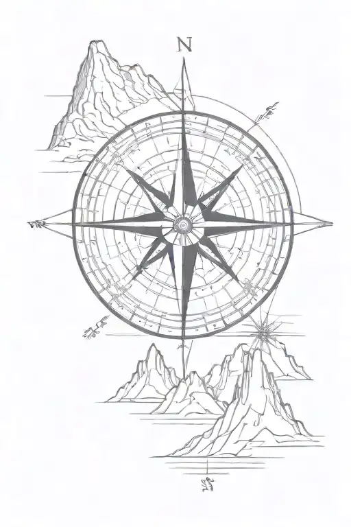 compass rose with mountains above north side view, show north, south, east and west. straight long line to run along tattoo design idea