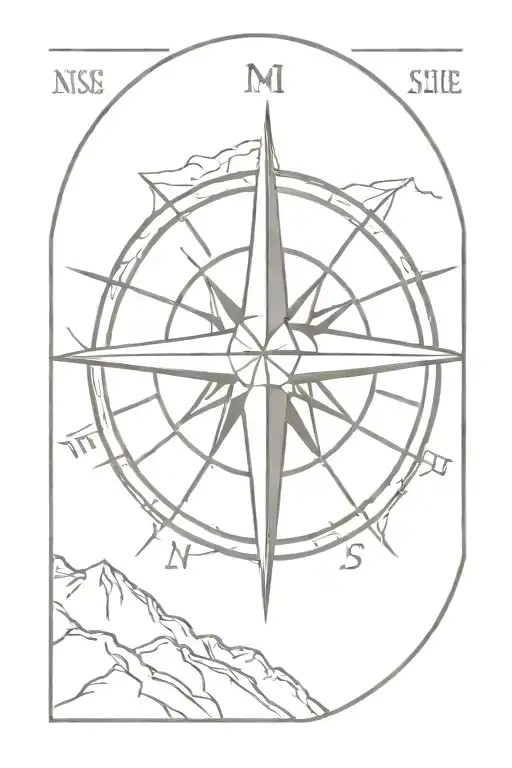 compass rose with mountains above north side view tattoo design idea