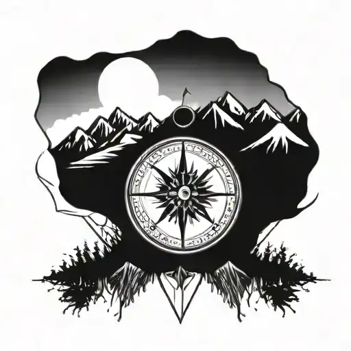 compass surrounded with mountains and a lake tattoo design idea