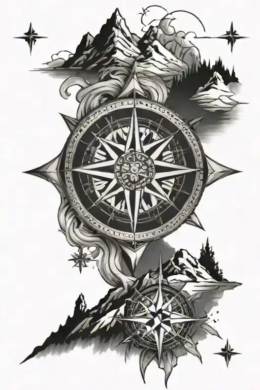 compass rose with mountains above north side view tattoo design idea