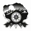 compass surrounded with mountains and a lake tattoo design idea