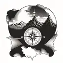 compass surrounded with mountains and a lake tattoo design idea