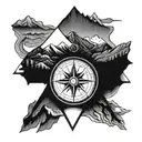 compass surrounded with mountains and a lake tattoo design idea