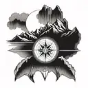 compass surrounded with mountains and a lake tattoo design idea