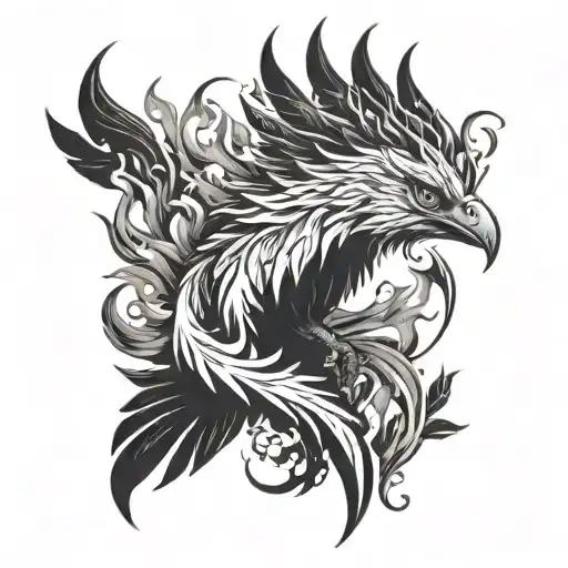 A detailed blackwork tattoo of a majestic phoenix rising from the ashes, symbolizing resilience and strength in the face of adversity tattoo design idea