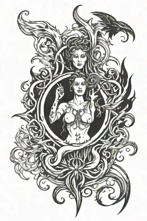 A mystical Hecate symbol surrounded by flames, incorporating elements of meditation and witchcraft tattoo design idea