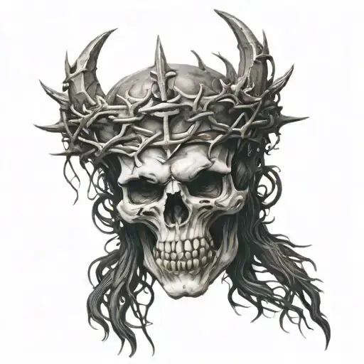 demon skull wearing crown of thorns tattoo design idea